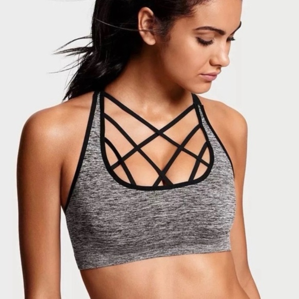 PINK Victoria's Secret Black and Gray Strappy Sports Bra